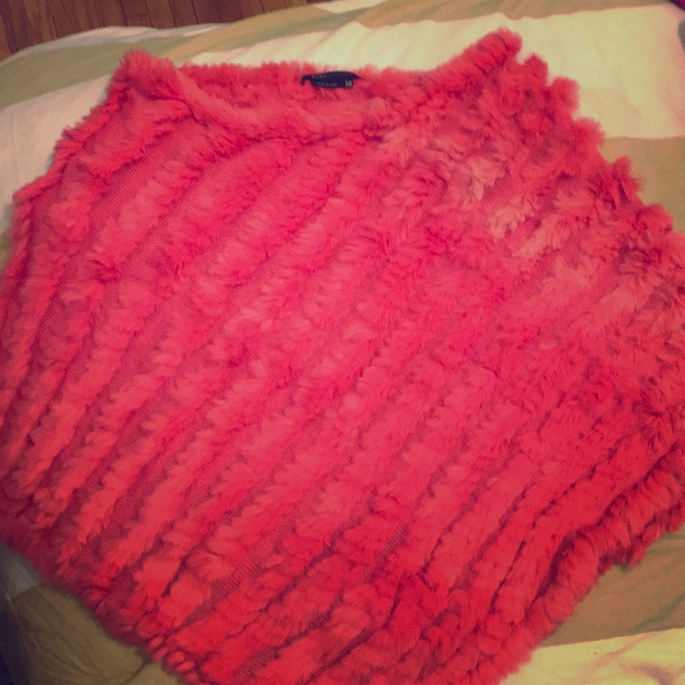 BCBG Max Azria Pink Rabbit Fur Poncho, One Size